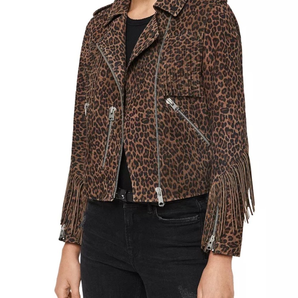 ALLSAINTS X Fringe-Trim Leopard-Print Suede Biker Jacket - LIMITED!
